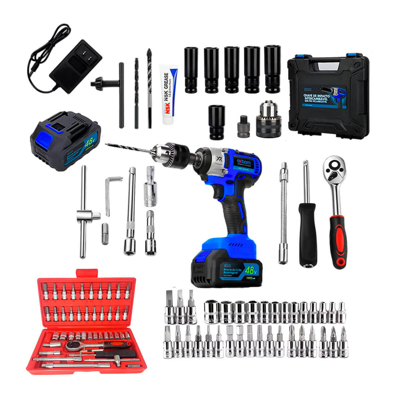 Kit Chave Catraca 46 Peças Profissional + Furadeira de Impacto Parafusadeira 48v 2300 rpm