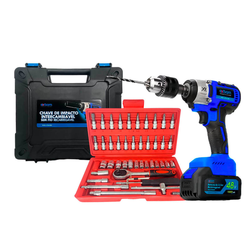 Kit Chave Catraca 46 Peças Profissional + Furadeira de Impacto Parafusadeira 48v 2300 rpm
