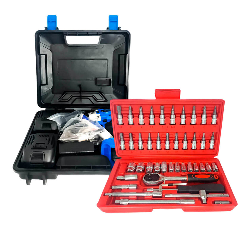 Kit Chave Catraca 46 Peças Profissional + Furadeira de Impacto Parafusadeira 48v 2300 rpm