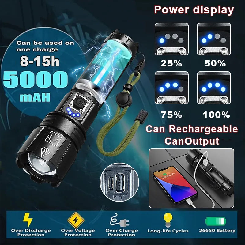 Lanterna  tática led usb recarregável tocha luz de alta potência